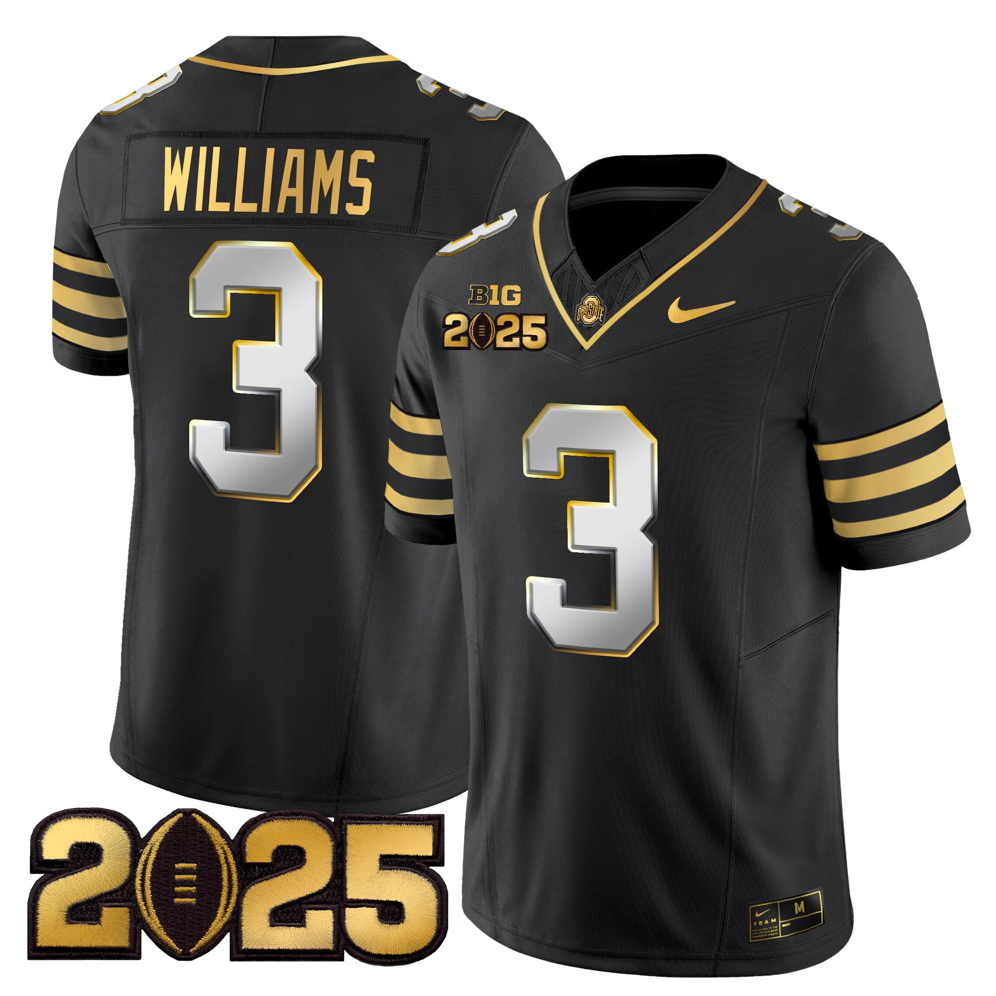 Men Ohio State Buckeyes #3 Williams Black 2025 CFP Final Patch Gold Vapor Limited NCAA Jersey style 2
